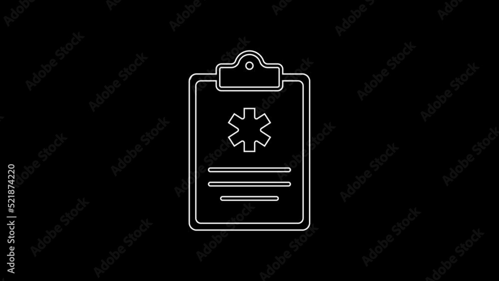 White line Medical clipboard with clinical record icon isolated on black background. Health insurance form. Prescription, medical check marks report. 4K Video motion graphic animation White line Medical clipboard with clinical record icon isolated on black background. Health insurance form. Prescription, medical check marks report. 4K Video motion graphic animation