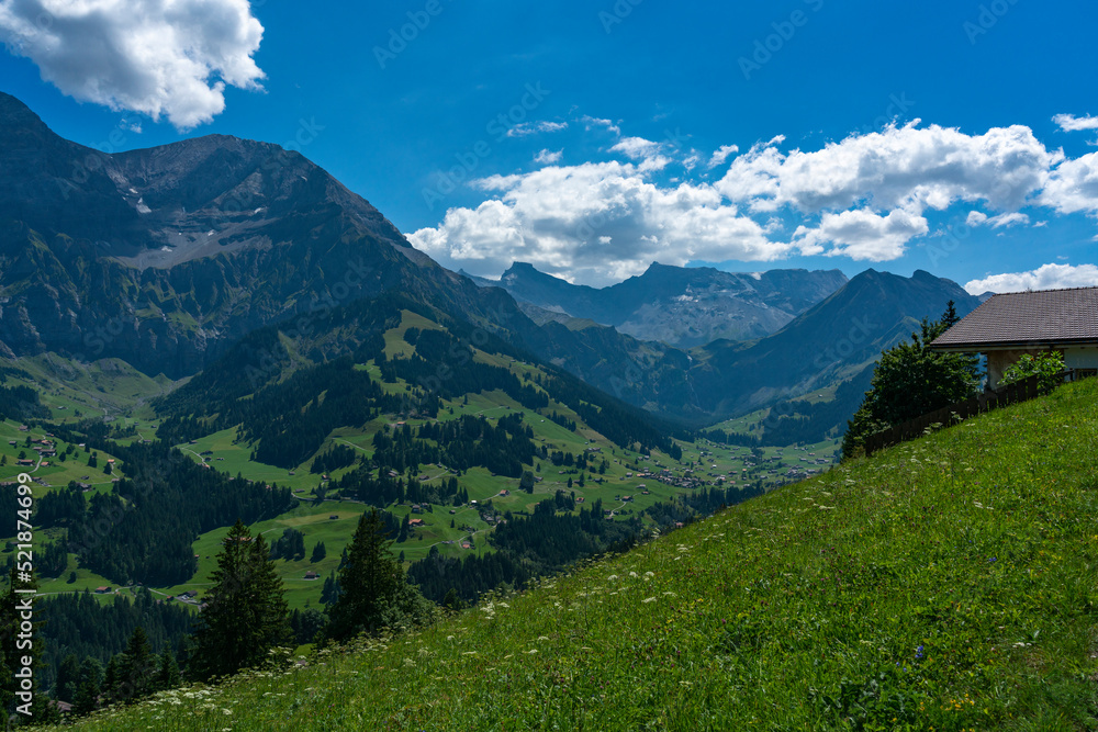 Obraz premium Adelboden im Panorama, Bergdorf mit vielen schönen und alten Holzhäusern, Bergwiesen, Wäldern und den hohen Bergen Grosser Lohner und Wildstrubel im Hintergrund. Streusiedlung im Engstligental. 