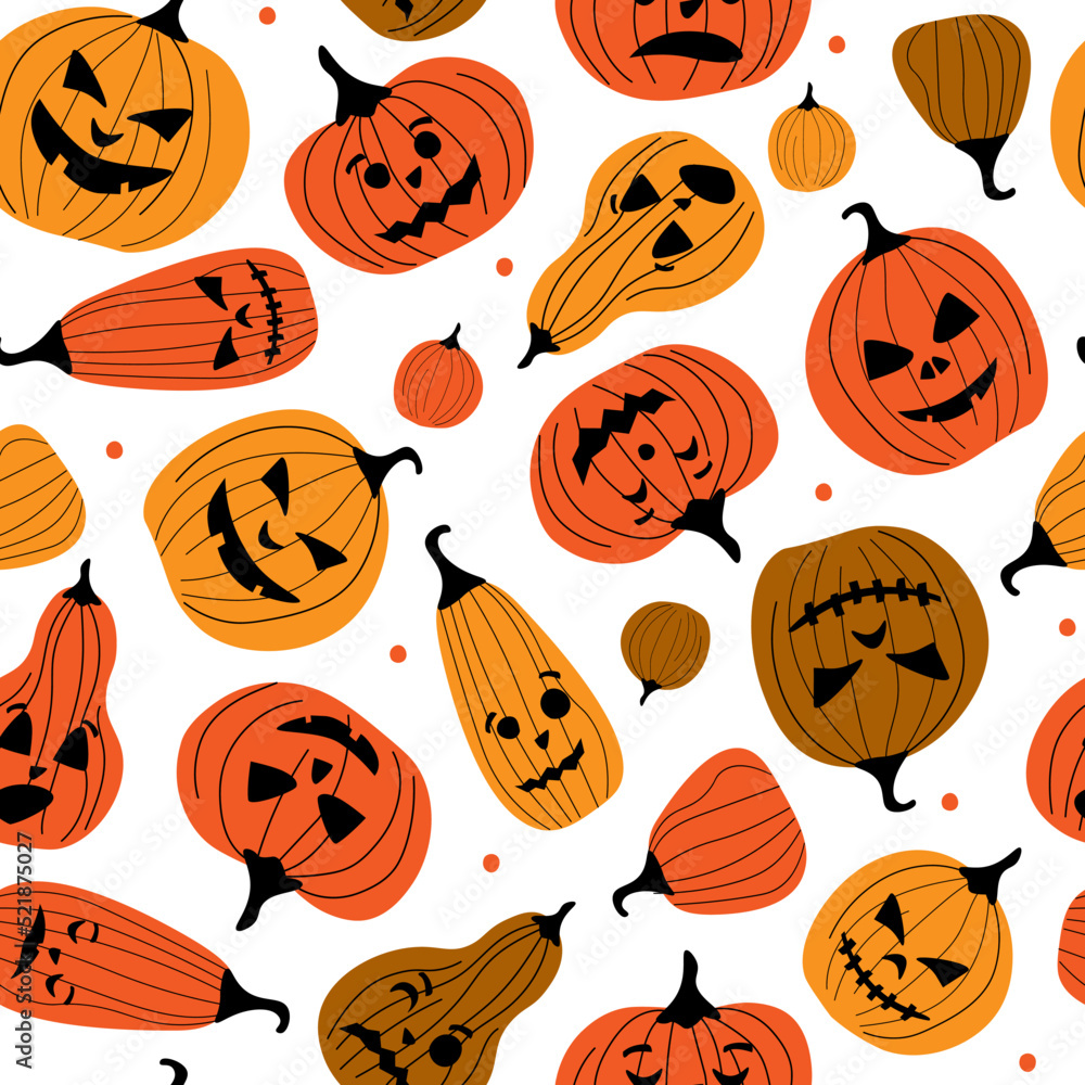 Seamless pattern for the autumn Halloween holiday. Pumpkins with carved eyes, mouths with different emotions. Vector graphics. Seamless pattern for the autumn Halloween holiday. Pumpkins with carved eyes, mouths with different emotions. Vector graphics.