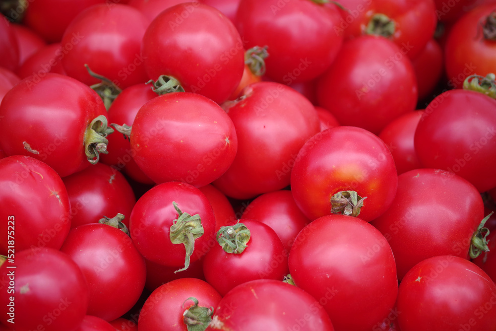 Fresh early girl tomatoes on display at a farmers market Fresh early girl tomatoes on display at a farmers market