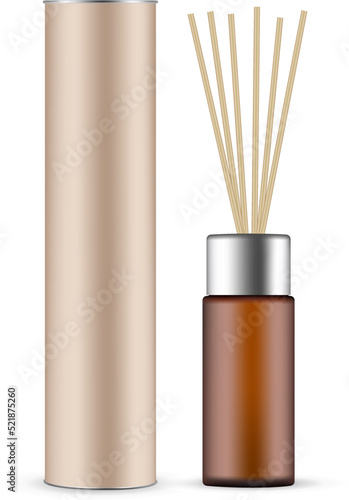 Amber Bottle for Fragrance Diffuser With Wooden Aroma Sticks and Cardboard Tube. Vector Illustration