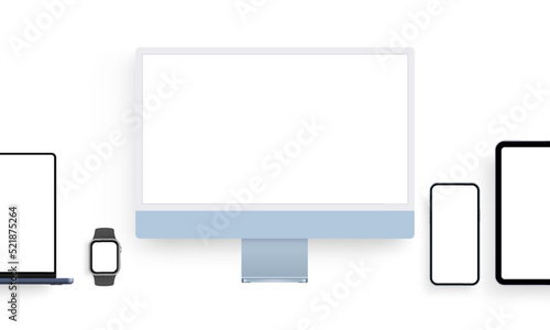 Blue Monitor and Dark-Blue Laptop, Tablet, Phone, Smart Watch, Isolated on White Background. Vector Illustration
