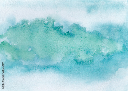 Watercolor grunge blue green background. Illustration for decor, design, printing on paper, postcard, invitations, banners. Abstract wide background with texture. Copy space for text. Cloud shape.