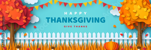 Thanksgiving day banner with paper cut trees, pumpkin and fence. Autumn day at countryside. Vector illustration. Place for text. Sale border frame, promo card, header or poster. Harvest decoration