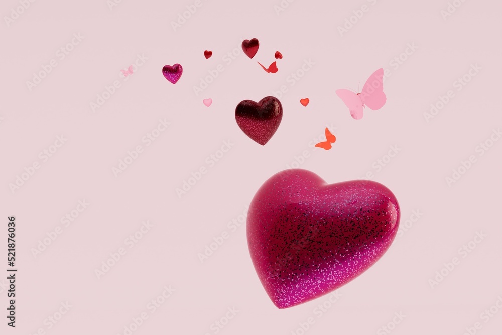 declaration of love. congratulations on Valentine's Day. patterns of red hearts and pink butterflies on a pink background. copy paste, cope space. 3d render. 3d illustration