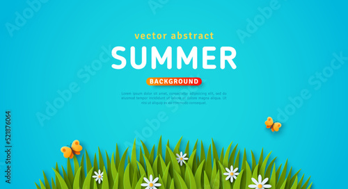 Summer spring background, butterfly, green grass lawn, white daisy. Vector illustration. Paper cut style. Place for text. Modern cartoon concept, village countryside scene, meadow landscape
