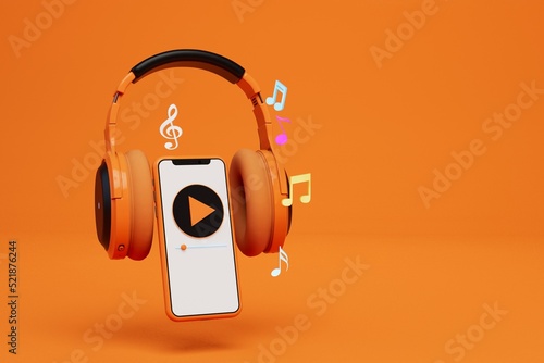 good sounding music on the phone with headphones. headphones on an orange background with musical notes around next to a smartphone on the display of which is a music track. copy paste. 3d render photo