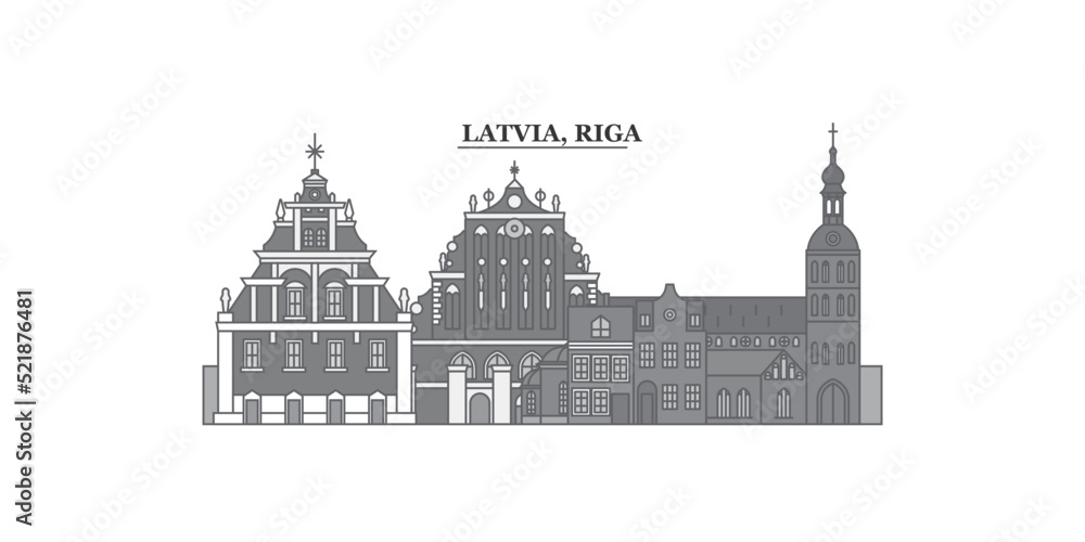 Latvia, Riga city skyline isolated vector illustration, icons