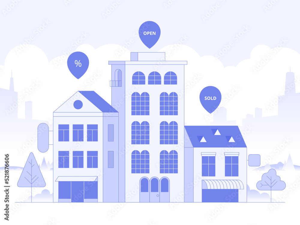 House selection and search, house project, real estate business concept. Find commercial real estate for your business. Choose criteria for office. Vector illustration