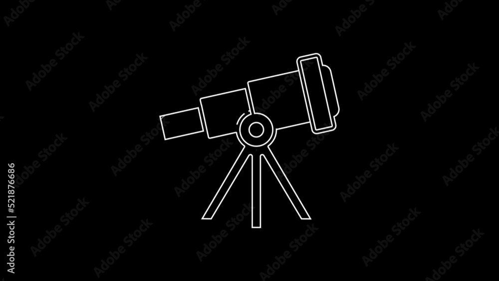 White line Telescope icon isolated on black background. Scientific tool. Education and astronomy element, spyglass and study stars. 4K Video motion graphic animation White line Telescope icon isolated on black background. Scientific tool. Education and astronomy element, spyglass and study stars. 4K Video motion graphic animation