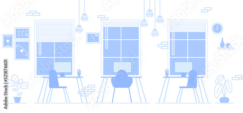 Office interior. Empty no people open space cabinet room with furniture. Office workstation furniture interior concept. Modern coworking area. Vector flat horizontal cartoon illustration