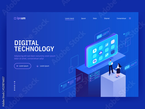 Digital technology website landing page template. Monitoring and testing of the digital process. Digital business analysis. Conceptual isometric vector illustration.