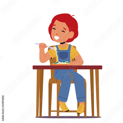 Little Kid Enjoying Tasty Food, Red Head Smiling Child Character Eat Sitting at Table Isolated on White Background