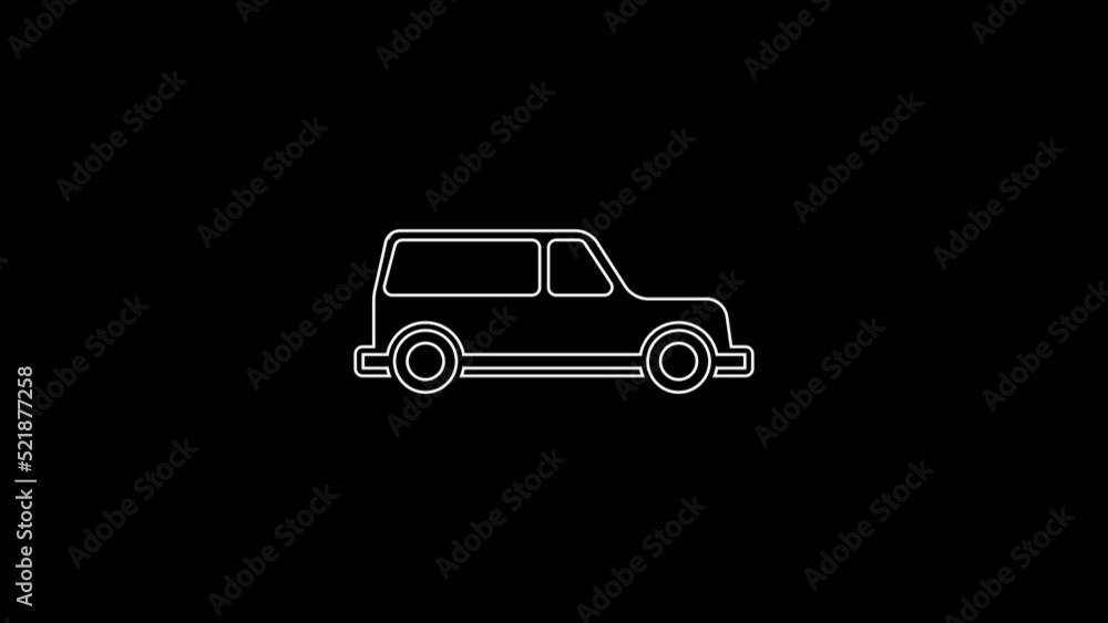 White line Hearse car icon isolated on black background. 4K Video motion graphic animation White line Hearse car icon isolated on black background. 4K Video motion graphic animation
