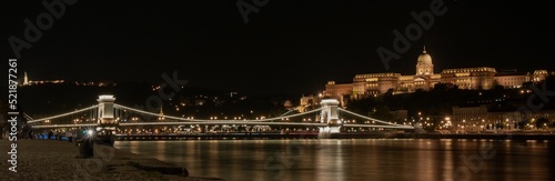 Photography Panoramic view of the Chian Bridge in Budapest with lights at night