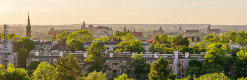 Panorama of the Krakow old town at sunset seen from Krakus Mound, Poland