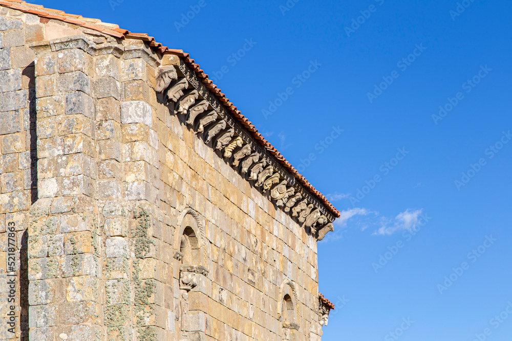 Detail of the corbels of the south façade of the Romanesque church of San Martín (12th-13th centuries). Matalbaniega, Palencia, Spain.