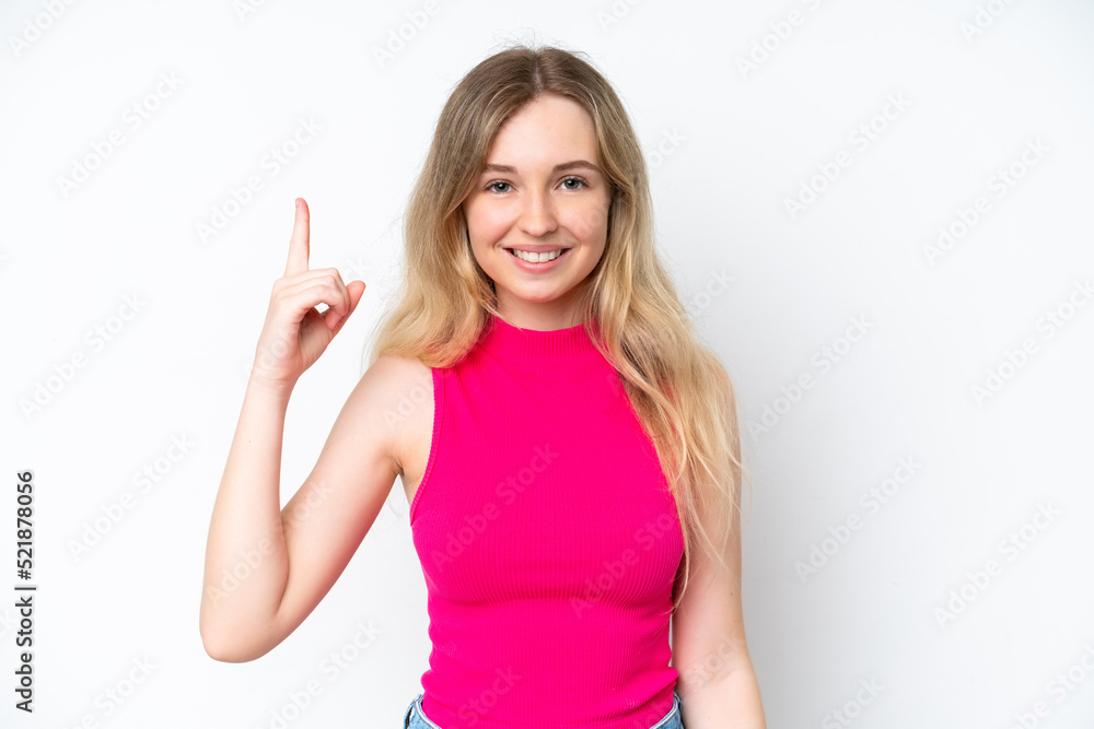 Blonde English young girl isolated on white background pointing up a great idea Blonde English young girl isolated on white background pointing up a great idea
