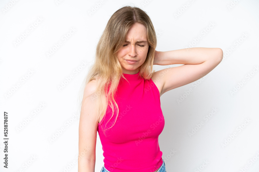 Blonde English young girl isolated on white background with neckache Blonde English young girl isolated on white background with neckache
