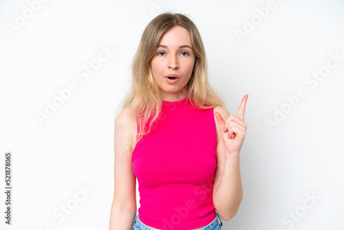 Blonde English young girl isolated on white background intending to realizes the solution while lifting a finger up © luismolinero