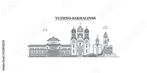 Russia, Yuzhno-Sakhalinsk city skyline isolated vector illustration, icons