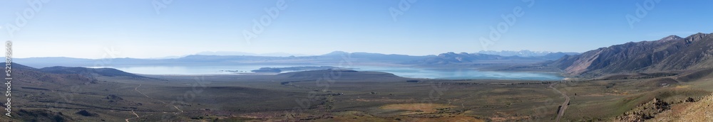 Panoramic View of Mono Lake and American Mountain Landscape near Lee Vining, California, United States of America. Nature Background Panorama