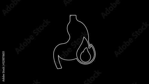 White line Stomach heartburn icon isolated on black background. Stomach burn. Gastritis and acid reflux, indigestion and stomach pain problems. 4K Video motion graphic animation photo