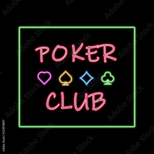 Vector illustration. Neon sign. Poker club inscription, playing card suits in neon glows of different colors