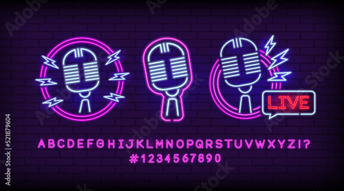 Neon sign with microphone in round frame and live chat or music. Live Music icon set. Online glowing style sign. Radio show or podcast icon. Play button neon icon set. Vector illustration