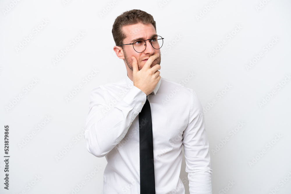 Young business caucasian man isolated on white background having doubts and with confuse face expression Young business caucasian man isolated on white background having doubts and with confuse face expression