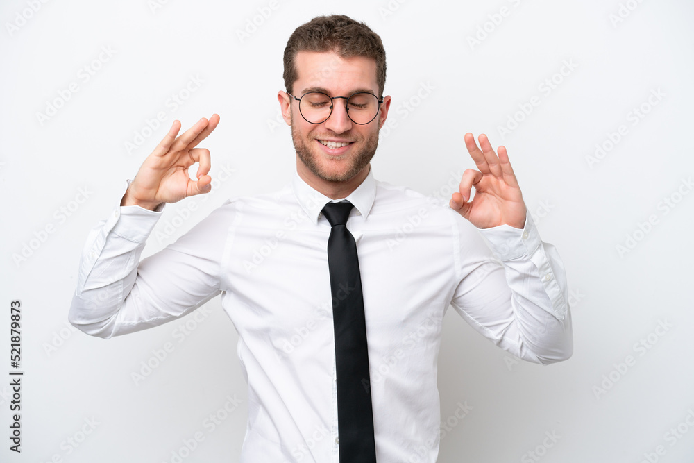 Young business caucasian man isolated on white background in zen pose Young business caucasian man isolated on white background in zen pose