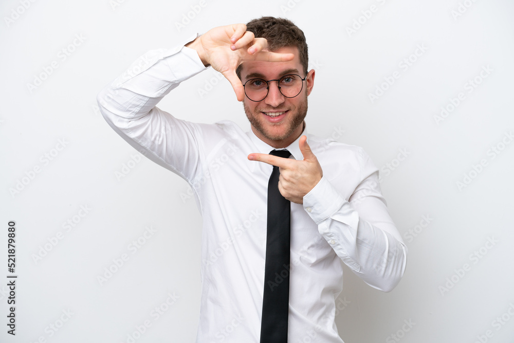 Young business caucasian man isolated on white background focusing face. Framing symbol Young business caucasian man isolated on white background focusing face. Framing symbol