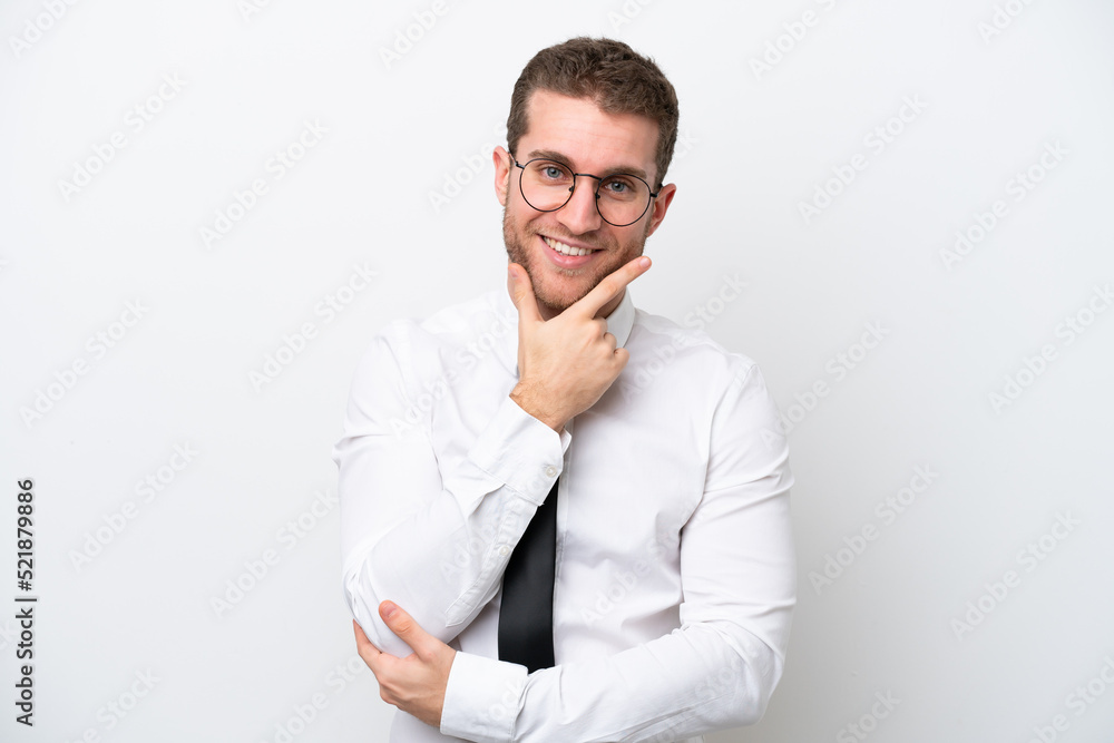 Young business caucasian man isolated on white background smiling