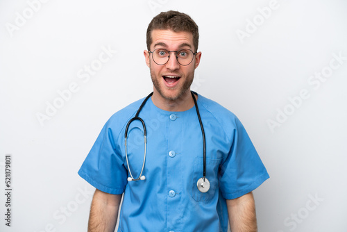 Young surgeon doctor caucasian man isolated on white background with surprise facial expression