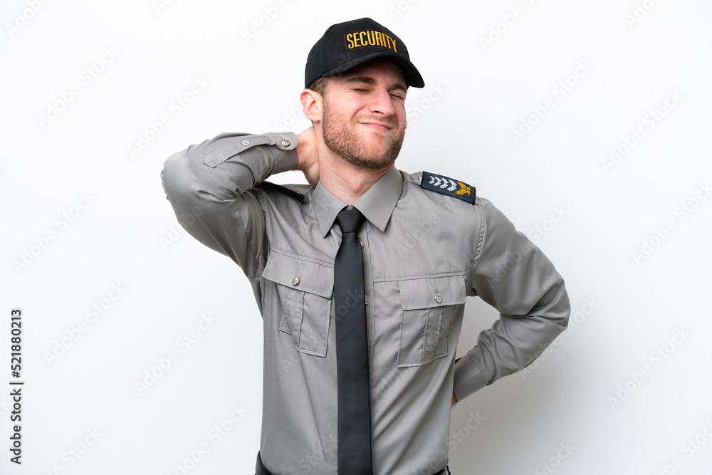 Young safeguard caucasian man isolated on white background with neckache Young safeguard caucasian man isolated on white background with neckache