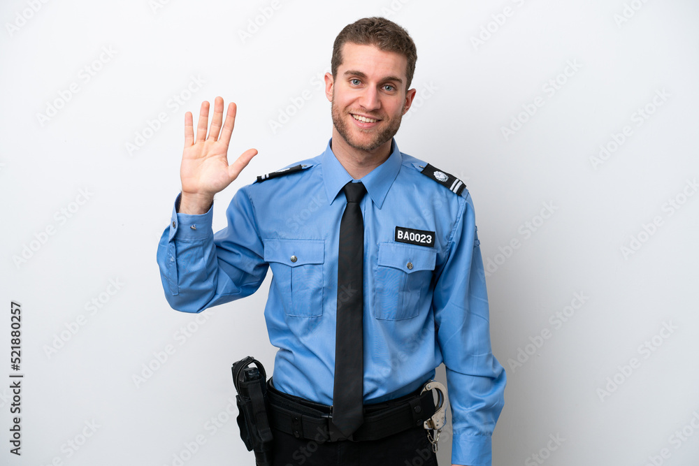 Young police caucasian man isolated on white background saluting with hand with happy expression Young police caucasian man isolated on white background saluting with hand with happy expression