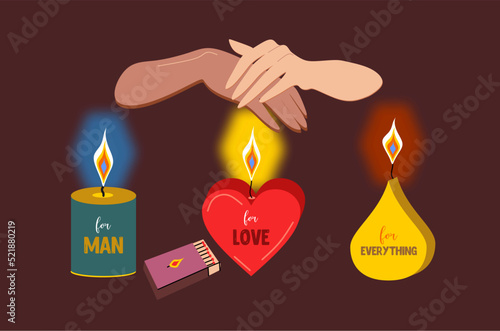 Atmospheric vector illustration where hands warm themselves over a candle flame. Candles in the form of a red heart, in the form of a yellow drop and a regular blue candle. Style flat,cartoon.SPA mood