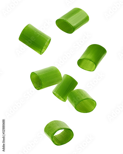 Quadro su tela Falling chopped Green Onion isolated on white background, full depth of field, c