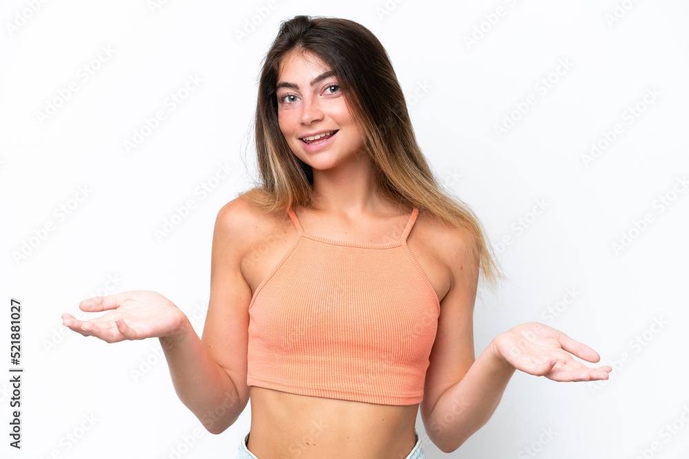 Young caucasian woman isolated on white background happy and smiling Young caucasian woman isolated on white background happy and smiling