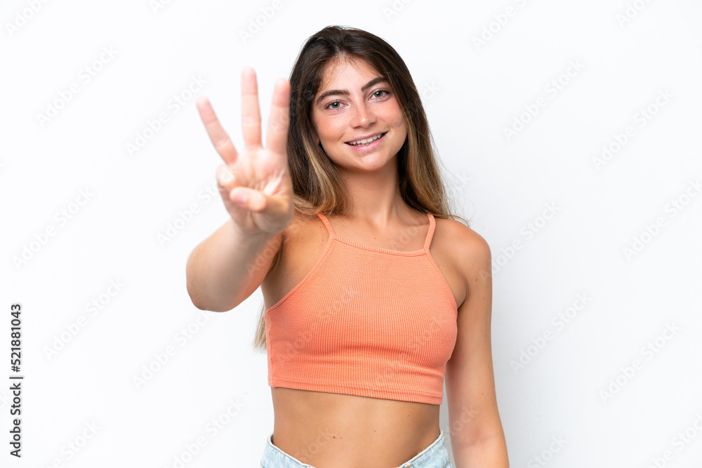 Young caucasian woman isolated on white background happy and counting three with fingers Young caucasian woman isolated on white background happy and counting three with fingers