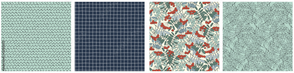 Seamless repeating patterns set with rowan tree branches and ashberries. Colorful vector illustration on white backgroud for surface design and other design projects Seamless repeating patterns set with rowan tree branches and ashberries. Colorful vector illustration on white backgroud for surface design and other design projects