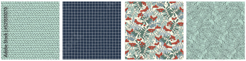 Seamless repeating patterns set with rowan tree branches and ashberries. Colorful vector illustration on white backgroud for surface design and other design projects