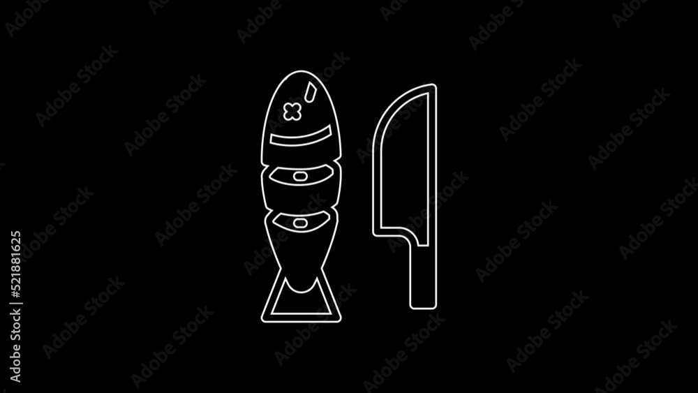 White line Fish with sliced pieces with knife icon isolated on black background. 4K Video motion graphic animation White line Fish with sliced pieces with knife icon isolated on black background. 4K Video motion graphic animation