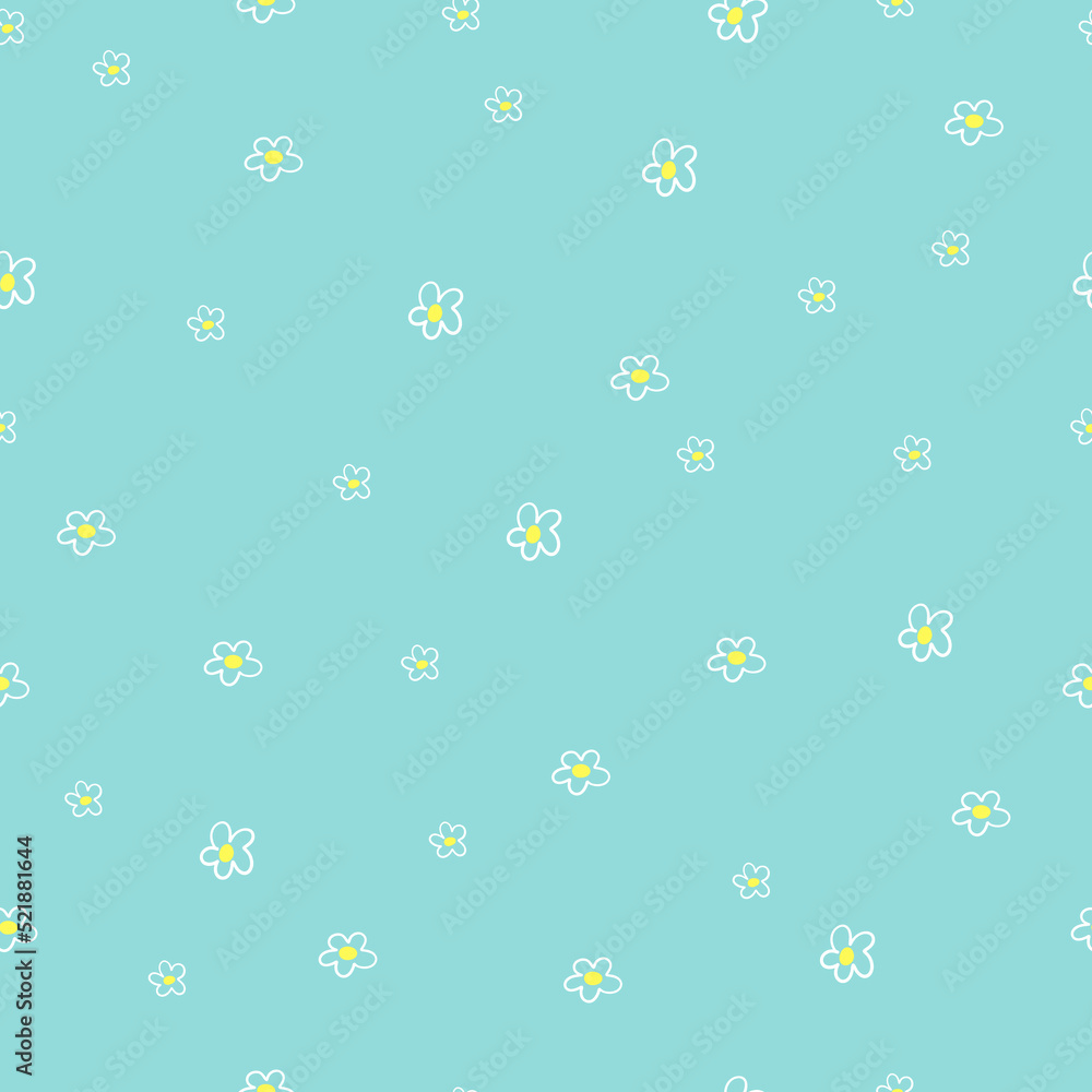 Hand drawn seamless pattern with chamomile flowers. Beautiful floral ornament on blue background. Vector illustration