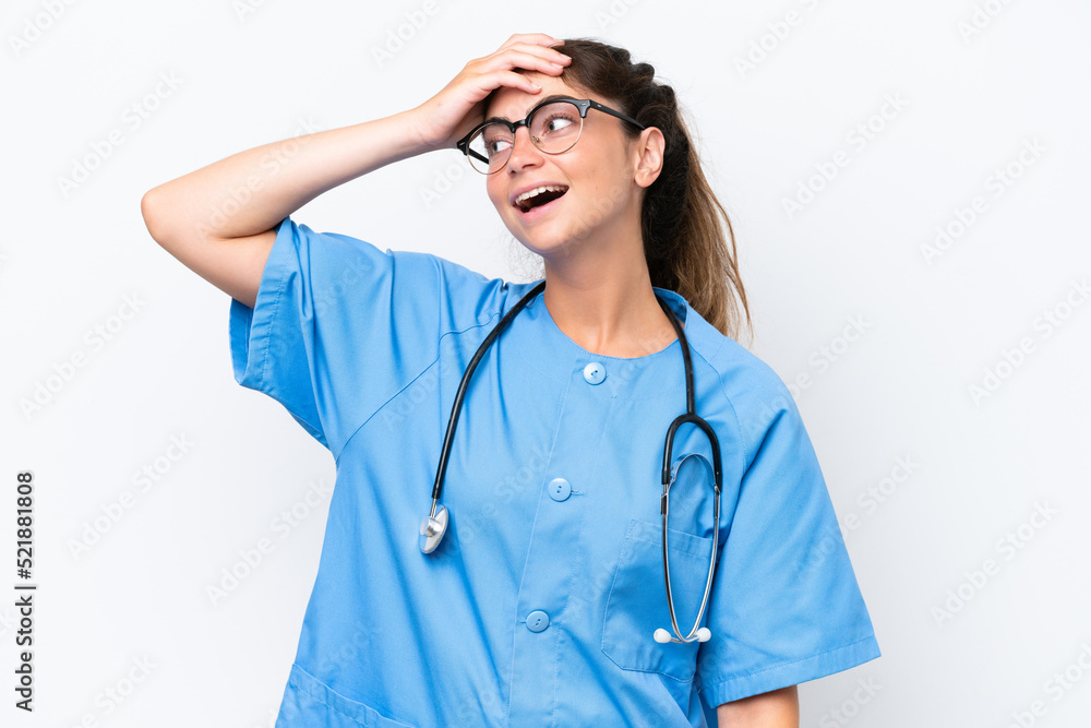 Young nurse doctor woman isolated on white background has realized something and intending the solution Young nurse doctor woman isolated on white background has realized something and intending the solution