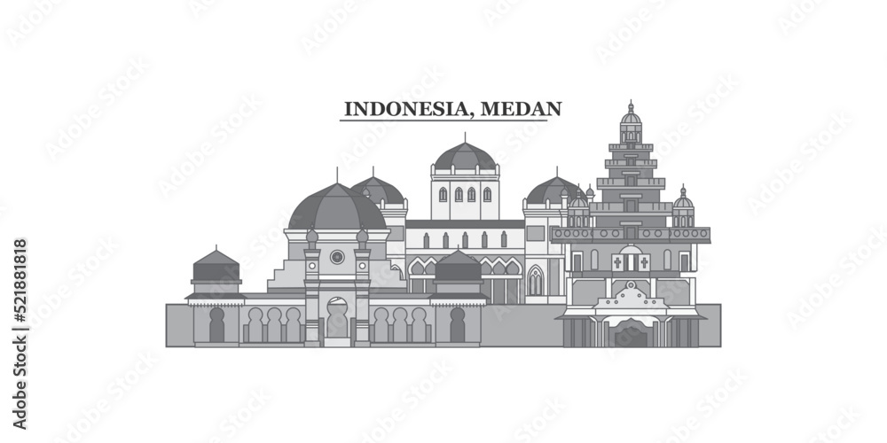 Indonesia, Medan city skyline isolated vector illustration, icons