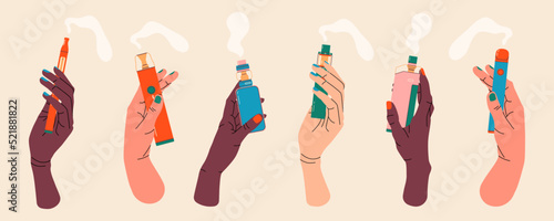 Hands holding vapes, colorful illustrations set. Electronic cigarettes and vape concept. Modern vector illustration. Variety of designs vape pens and pod mods. Flat vector design for web.