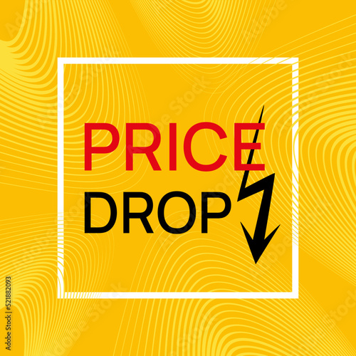 Prices are falling. Yellow label - drop price with black down arrow. Business banner. Shopping.