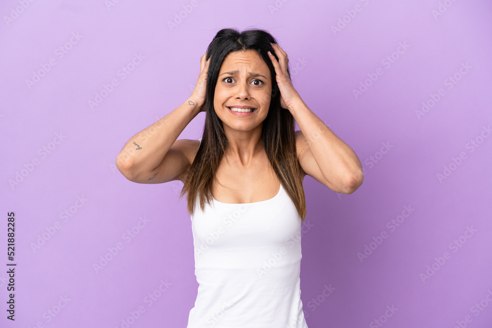 Young caucasian woman isolated on purple background doing nervous gesture Young caucasian woman isolated on purple background doing nervous gesture