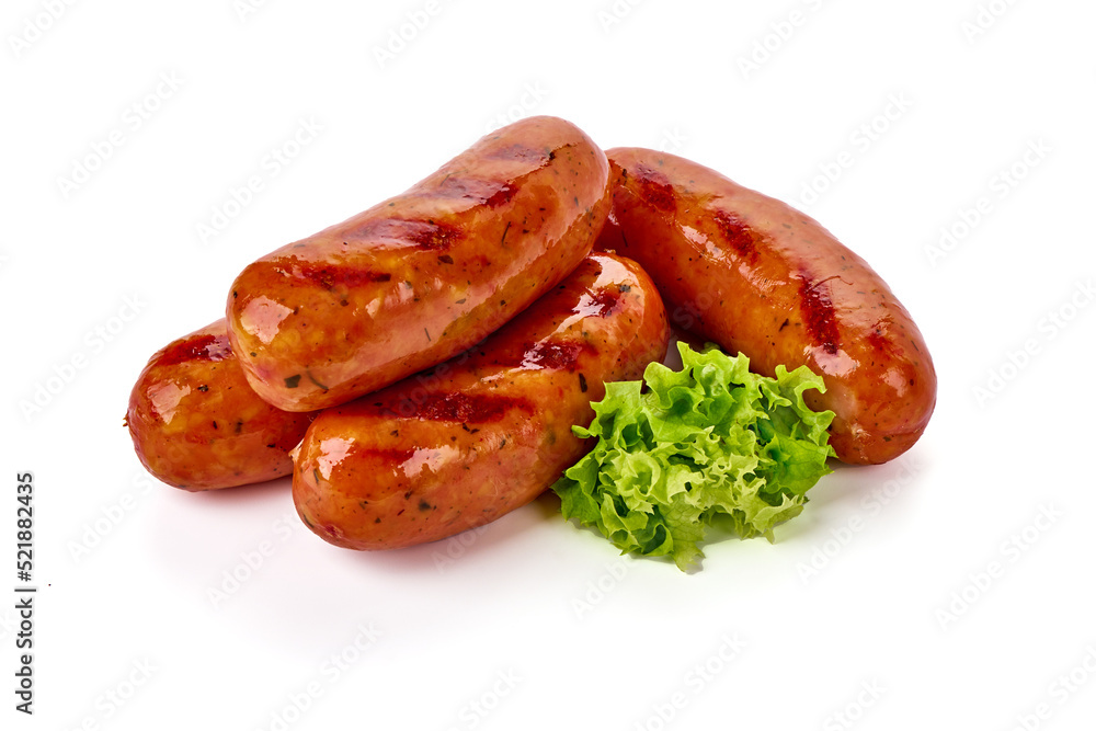 Grilled pork bangers, cooked sausages bbq, isolated on white background. Grilled pork bangers, cooked sausages bbq, isolated on white background.